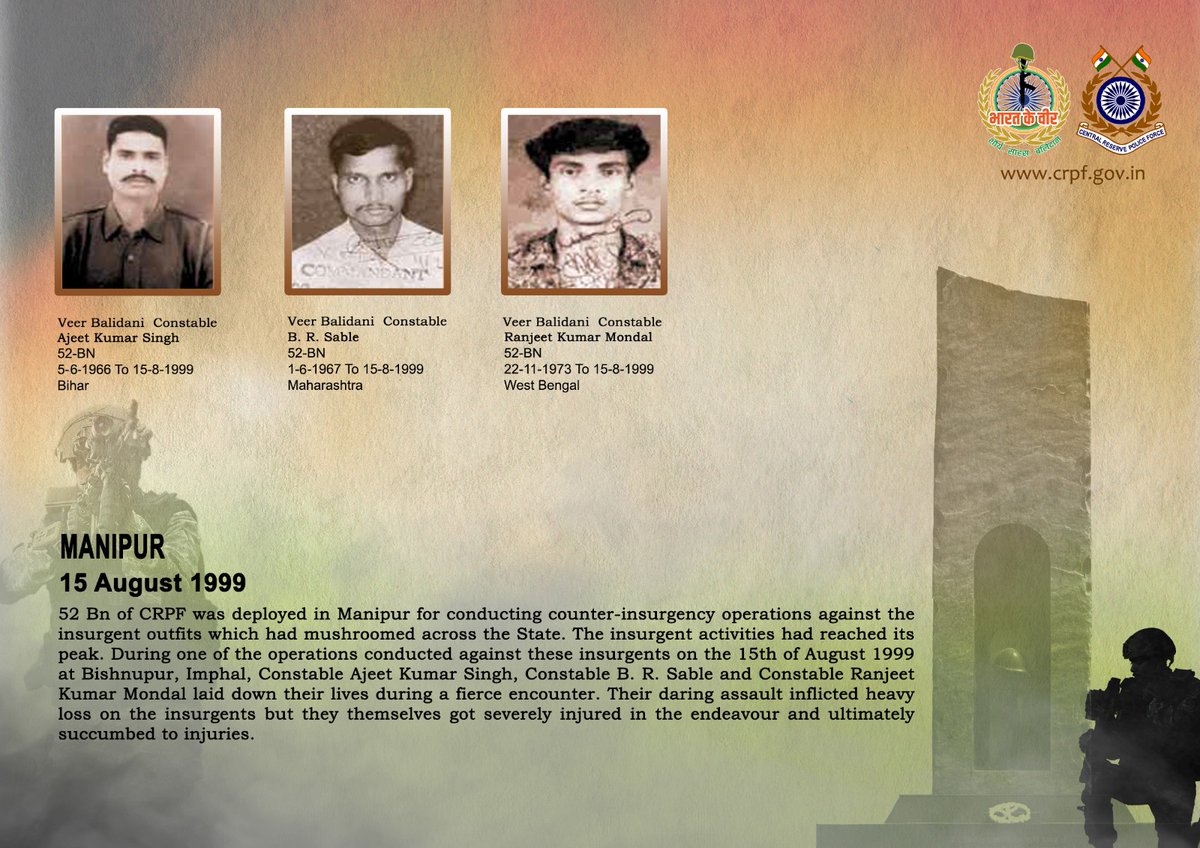 वीर बलिदानियों को श्रद्धांजलि!

बिष्णुपुर, मणिपुर में 15 अगस्त, 1999 को चलाए गए उग्रवाद विरोधी अभियान के दौरान 52 बटा. #सीआरपीएफ के जवानों की उग्रवादियों से मुठभेड़ में असाधारण वीरता एवं कर्तव्यनिष्ठा का परिचय देते हुए 3 शूरवीरों ने देश सेवा में अपने प्राणों को बलिदान कर दिया।