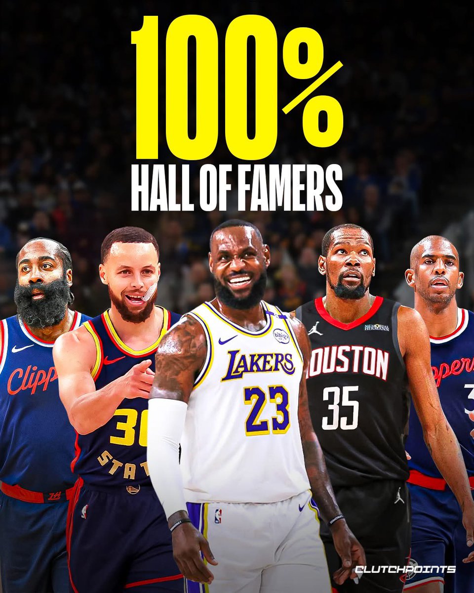 The ONLY active players with a 100% Hall of Fame probability:

🔹 LeBron James 
🔹 Kevin Durant 
🔹 Chris Paul 
🔹 Steph Curry 
🔹 James Harden 

Five legends. Five locks 🔒

Every one of them has left an undeniable mark on the game, MVPs, championships, records, and a legacy