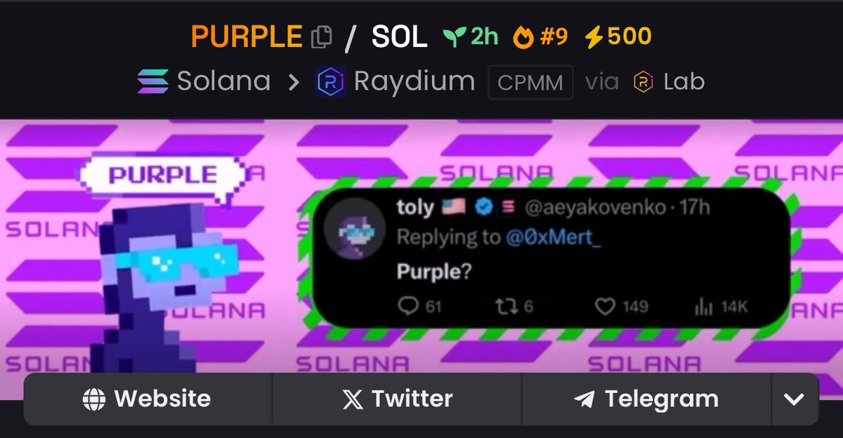 PurpleXYZ__'s tweet photo. Top 10 on Dex ✅ 
1300+ holders 

Chads loading.

$PURPLE cult is forming.

TgjK296F6PYWg3eRbRcEk9QQwA83eNwpm5JsRcdbonk https://t.co/tPVEiMGEoU