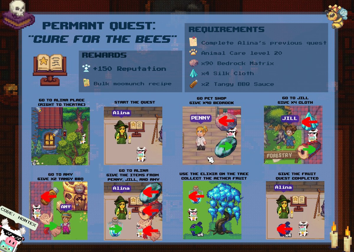 Hontex_'s tweet photo. NEW PERMANENT QUEST! +150 REP & Moomuch bulk recipe! 🔝

The bees are in danger! 🐝
Alina needs 3 rare ingredients to make an antidote before the hives collapse.
🔎 Talk to NPCs, earn their trust (or bribe them!)
📦 Bring the items back to Alina in time.
The hive is counting on you! 🍯