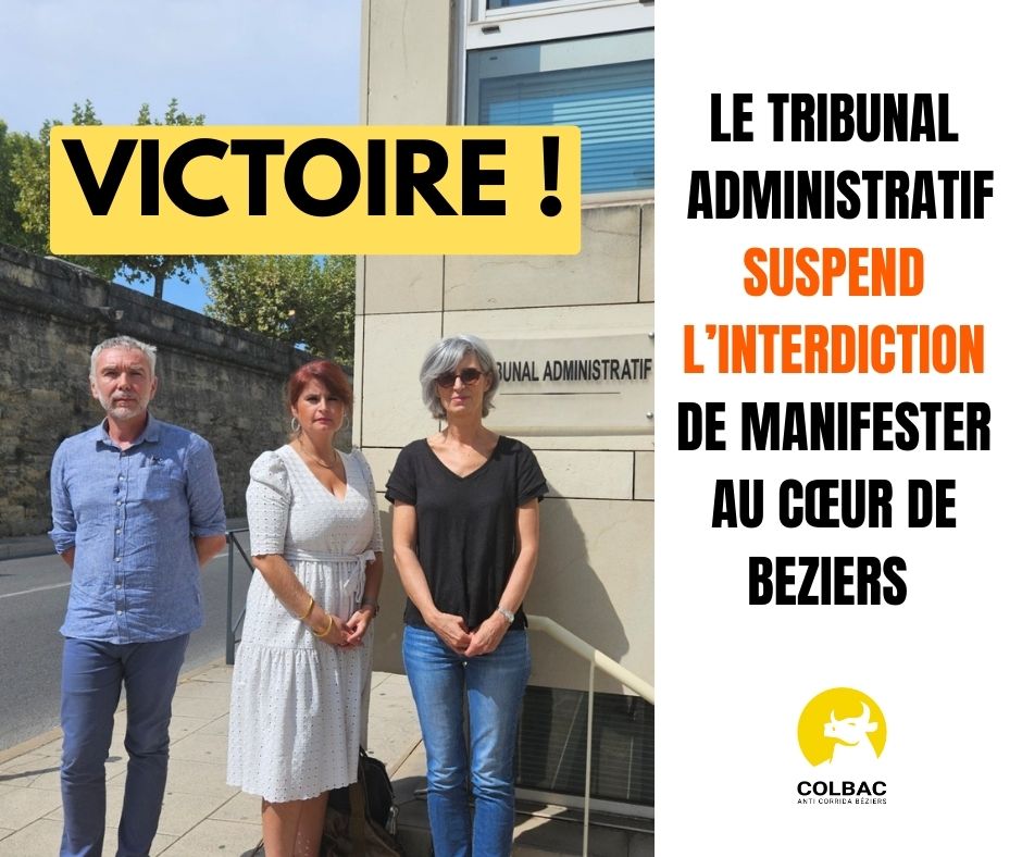 COLBAC Anti Corrida Béziers (@bezierscolbac) on Twitter photo 🎉VICTOIRE ! Le Tribunal suspend l'interdiction de manifester sur les allées Paul Riquet, cœur de #Béziers.
🤐R. #Ménard et <a href="/Prefet34/">Préfet de l'Hérault 🇫🇷</a> voulaient nous reléguer hors du centre-ville, nous invisibiliser.
✊Faisons entendre pacifiquement notre voix contre la cruauté de la corrida. 🎉VICTOIRE ! Le Tribunal suspend l'interdiction de manifester sur les allées Paul Riquet, cœur de #Béziers.
🤐R. #Ménard et <a href="/Prefet34/">Préfet de l'Hérault 🇫🇷</a> voulaient nous reléguer hors du centre-ville, nous invisibiliser.
✊Faisons entendre pacifiquement notre voix contre la cruauté de la corrida.