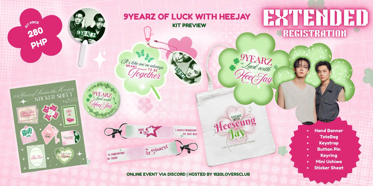 ‼️EXTENDED REGISTRATION ‼️

🍀9YEARZ OF LUCK WITH HEEJAY 🍀 

Kit price: 280php   
Registration: 
~until 8/23 for attendees
~until 8/30 for kit takers only

Event Date: 8/24/2025 at 8 PM PHT (Sun)
via Discord 

Reg. Form: forms.gle/G4ahZf5WSnoA4g…