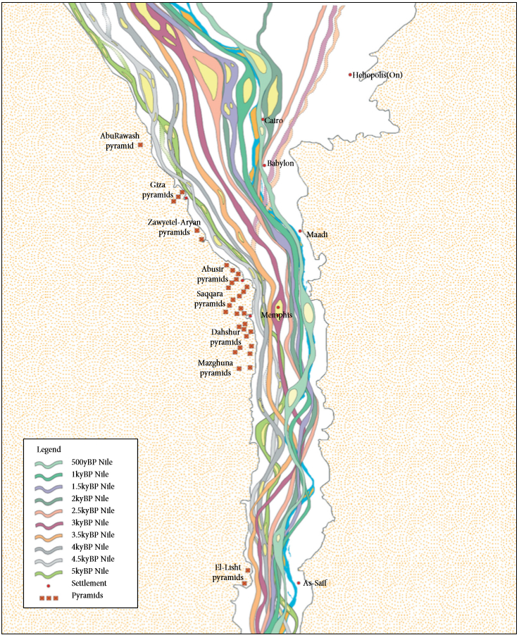 vintagemapstore's tweet photo. How the Nile has changed its course over the past 5,000 years (in relation to Old and Middle Kingdom pyramid sites) https://t.co/SLKqZwh6Bp