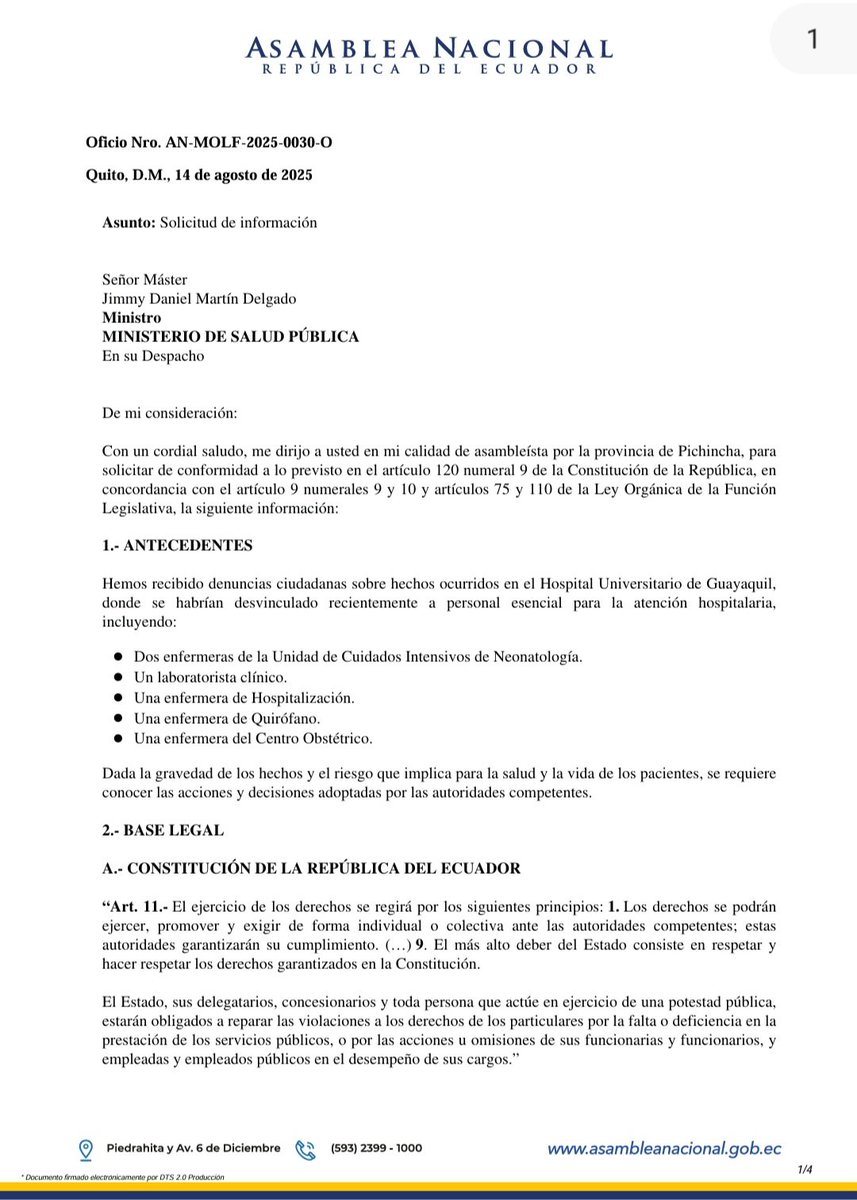 LFMolinaO's tweet photo. He recibido denuncia ciudadana por la desvinculación de personal clave en el Hospital Universitario de Guayaquil, afectando:

1️⃣ Dos enfermeras UCI Neonatología
2️⃣ Un laboratorista clínico
3️⃣ Enfermeras en Hospitalización, Quirófano y Centro Obstétrico

En plena crisis hospitalaria, despiden a personal sumamente importante para el cuidado de los neonatos y otras áreas críticas.

Exijo: Copias certificadas de las resoluciones de desvinculación, fundamentación técnica, administrativa o disciplinaria y evaluación del impacto operativo, justificación de la reducción de personal, documentación sobre la autorización del MSP.

¡Estas decisiones irresponsables ponen en riesgo vidas! El Gobierno debe responder ya.