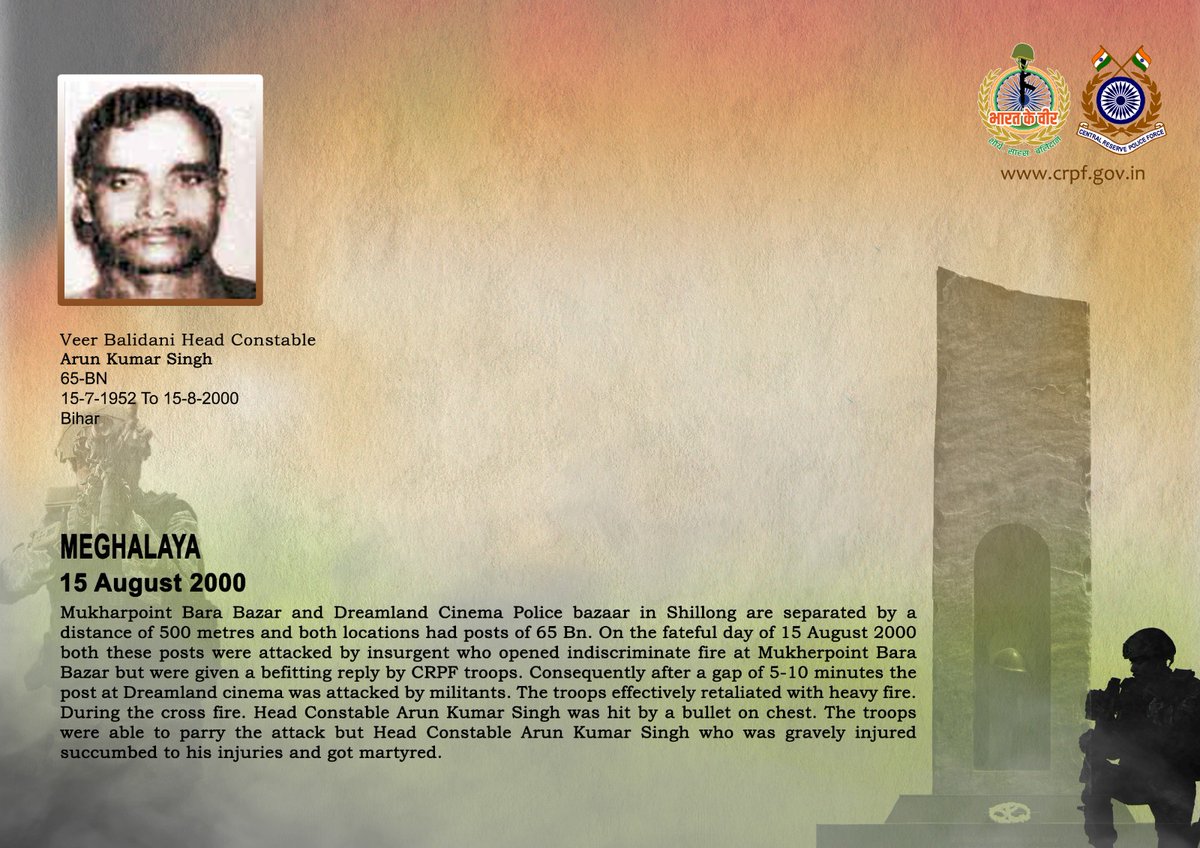 वीर बलिदानियों को श्रद्धांजलि!

15 अगस्त, 2000 को शिलांग, मेघालय में #CRPF की 65 बटा. की 2 पोस्टों पर हुए योजनाबद्ध उग्रवादी हमले के दौरान HC/GD अरुण कुमार सिंह ने असीम बहादुरी एवं दृढ़ निश्चय का प्रदर्शन करते हुए कर्तव्य की बलिवेदी पर अपने प्राणों का उत्सर्ग कर दिया। वीर बलिदानी