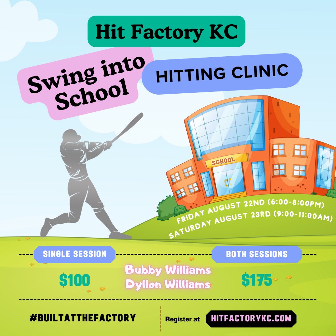 Come swing it into the school year with Hit Factory KC for our Hitting Clinic!

This clinic will be a 2 day event on Friday, August 22nd from 6:00-8:00pm and Saturday, August 23rd from 9:00-11:00am. Single day options available at checkout as well! Single sessions will be $100