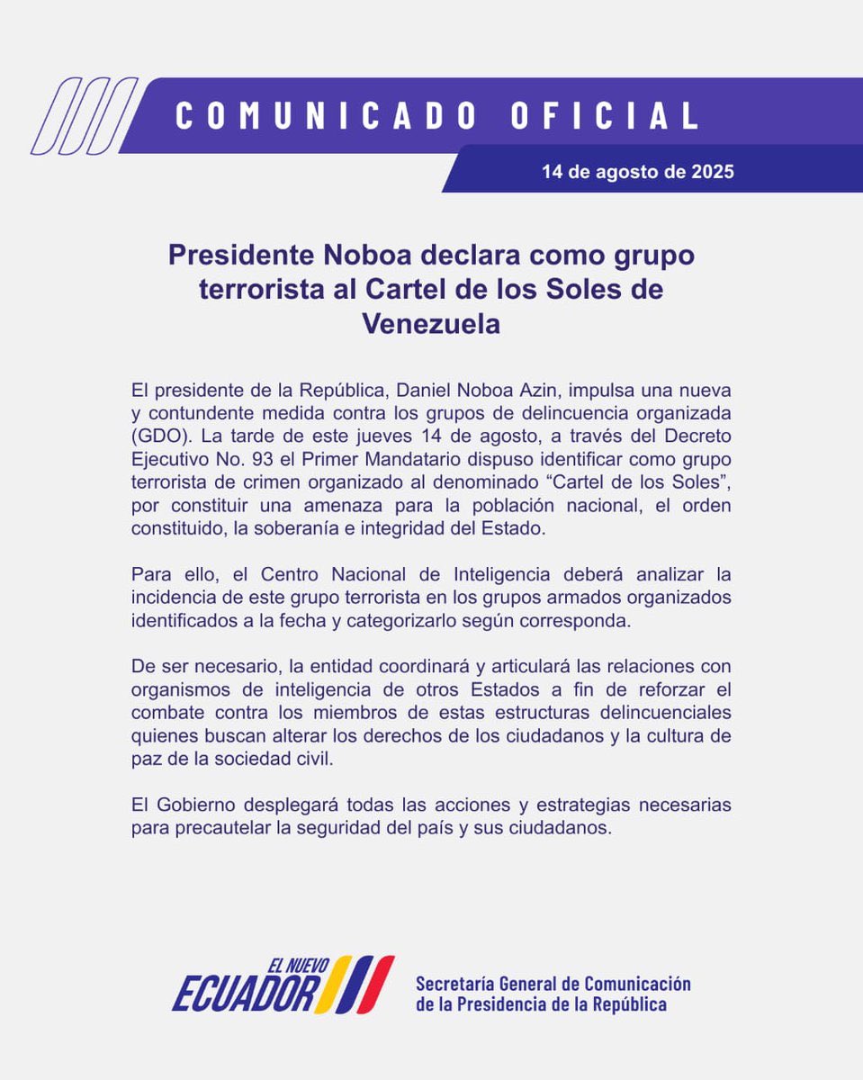 UHN_Plus's tweet photo. 🇺🇸🇪🇨‼️ | URGENTE — Ecuador declaró al Cártel de los Soles, liderado por Nicolás Maduro y Diosdado Cabello, como grupo terrorista, abriendo la puerta a operaciones militares y de inteligencia contra el chavismo. https://t.co/gSxg4sgn36