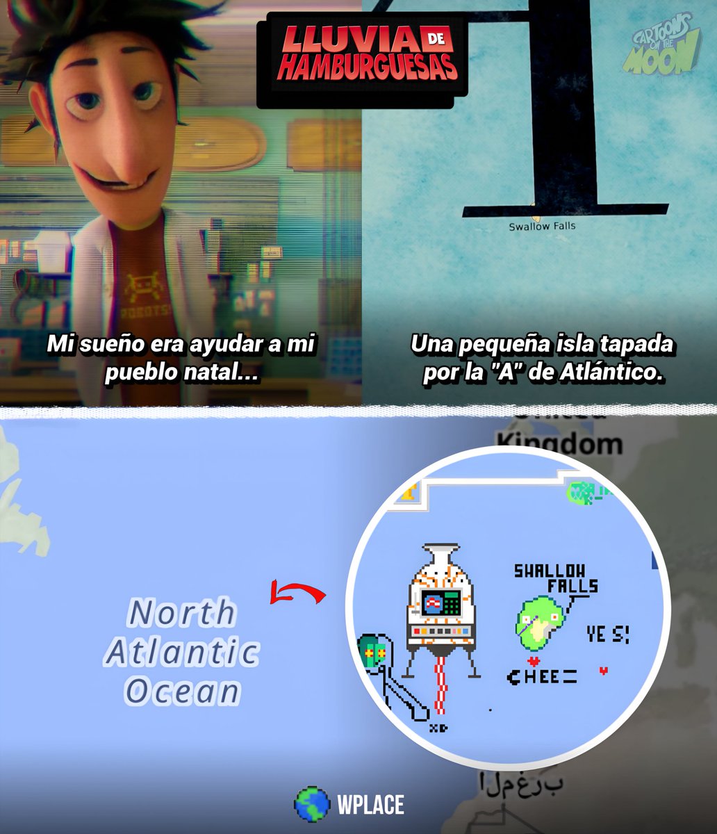 ¡Ahora sí es canon!

Si miras por debajo de la "A" de Atlántico en el mapa de Wplace...

Te encontrarás con Isla Bocado y varios dibujos de fans de Lluvia de Hamburguesas.