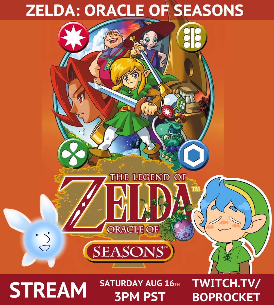 enenkay's tweet photo. THIS SATURDAY: Oracle of Seasons (blind playthrough!)

I'm returning to streaming after months away, joined by special guest @paranaturalzack  a fun adventure through a Zelda game I've never played before! Hope to see you there!

Follow boprocket on twitch to catch the stream! https://t.co/KNGHjUVcqP