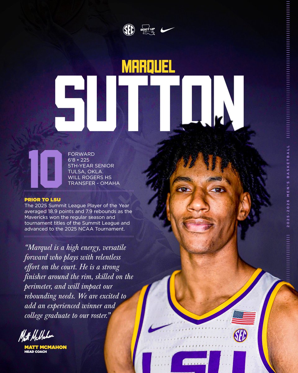 LSUBasketball's tweet image. Roster Rundown: 5th-Year Senior Forward Marquel Sutton 🐅

@xMarquel | #BootUp