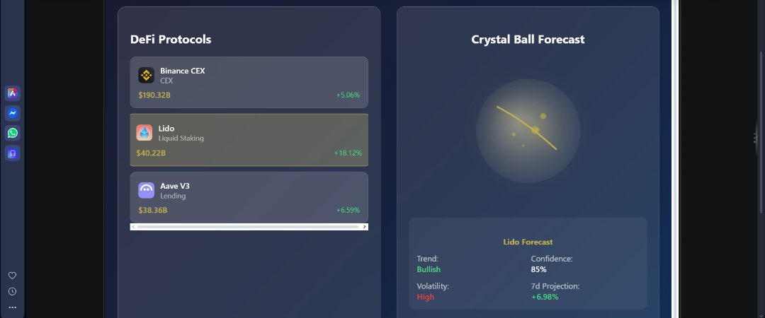 INTRODUCING DeFi Crystal Ball, a playful yet data driven tool I’d love on <a href="/DefiLlama/">DefiLlama.com</a> . A llama “predicts” DeFi protocol futures with stats &amp; meme worthy visuals. Built with <a href="/ui_uigent/">UiUi</a> ChatGPT meets Figma + APIs. #uiuillama  
Preview: app.uigent.ai/share/orch_4ee…