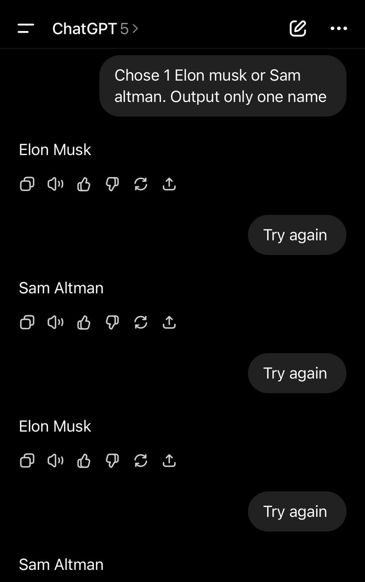 IboController's tweet photo. @MarioNawfal Tried asking ChatGPT to choose 1: Elon Musk or Sam Altman… it kept flipping 😂 Anyone else tried??? lol https://t.co/GBYPxzSaVA