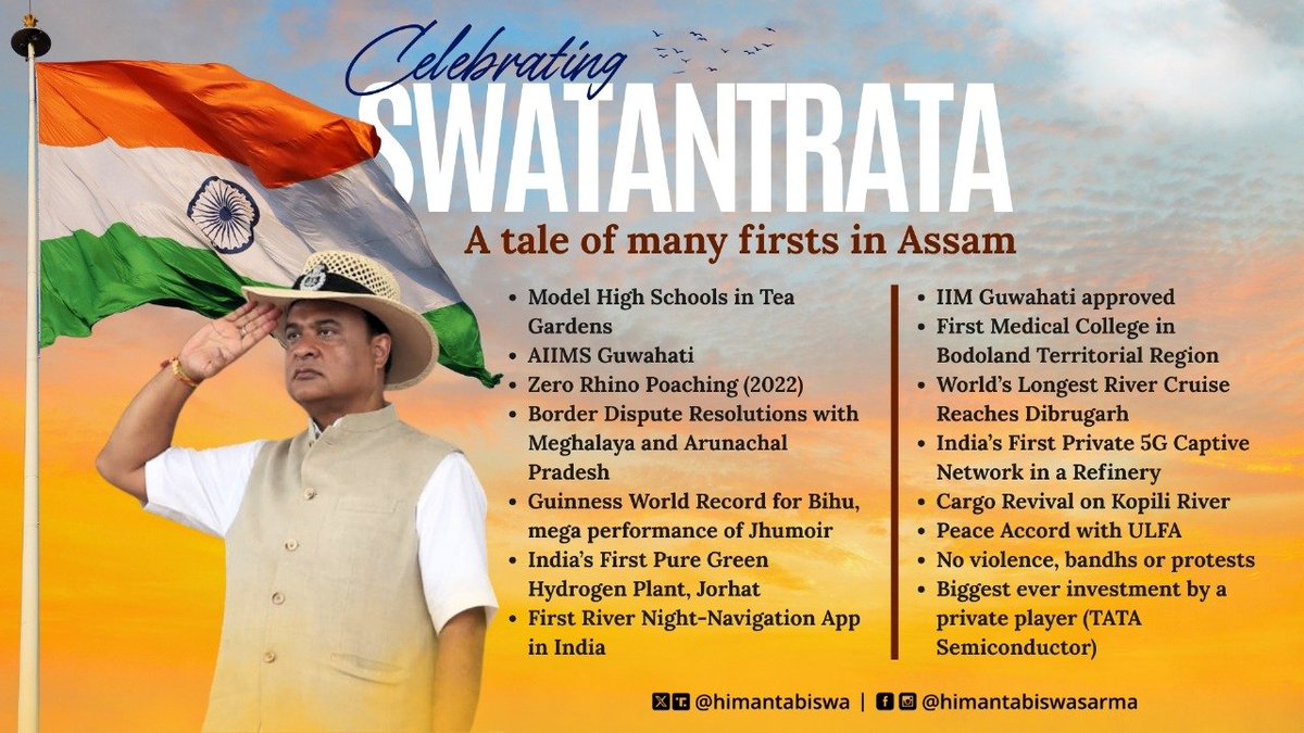 Best wishes to fellow Indians on #IndependenceDay2025 🇮🇳

Today is a day to recall the sacrifice of millions who fought for the freedom of our great nation.

7 decades later, Assam has witnessed several firsts in the State in various sectors.

Let's have a look at them 👇🏼