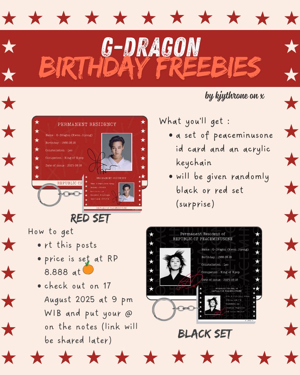 G-Dragon birthday online freebies by me

Here's how you can get
- rt&amp;like this post
- price is set at IDR 8.888
- check it out from 🍊 on Sunday, 17 August 2025, 9 PM WIB 
- put ur username in the notes when u check out 

I'll be handling Indonesian moots only 🫶