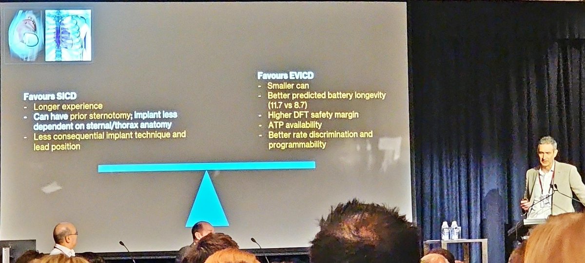 drkennethcho's tweet photo. Learning S-ICD vs EV-ICD @thecsanz 
the pros &amp; cons ⚖️
Favours S-ICD:
post-sternotomy, less anatomy-dependent
Less critical implant technique/lead position
Favours EV-ICD:
Smaller
Longer predicted battery (11.7 vs 8.7 yrs)
Higher DFT margin
ATP
Better discrimination
#CSANZ25 https://t.co/mejPMWUh6H