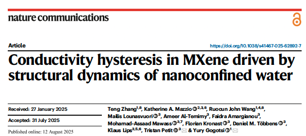 Our work, "Conductivity Hysteresis in #MXene Driven by Structural Dynamics of Nanoconfined #Water", published in Nature Communications this week, was highlighted by Helmholtz-Zentrum Berlin:
helmholtz-berlin.de/pubbin/news_se…
Congratulations to my PhD student Teng Zhang and all co-authors.