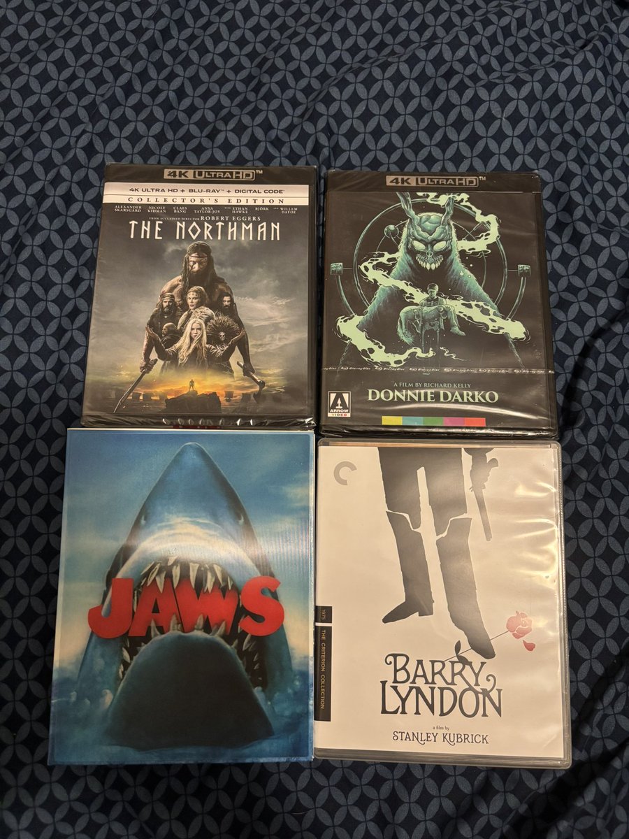 In celebration of crossing the 200 follower threshold I’m gonna do a fun giveaway! RT &amp; follow for a chance at these sublime prizes! I’ll choose a winner at random Tuesday 8/19.

-4K/Blu The Northman (sealed)
-4K Arrow Donnie Darko (sealed)
-4K/Blu Jaws
- Criterion Blu-Ray Lyndon