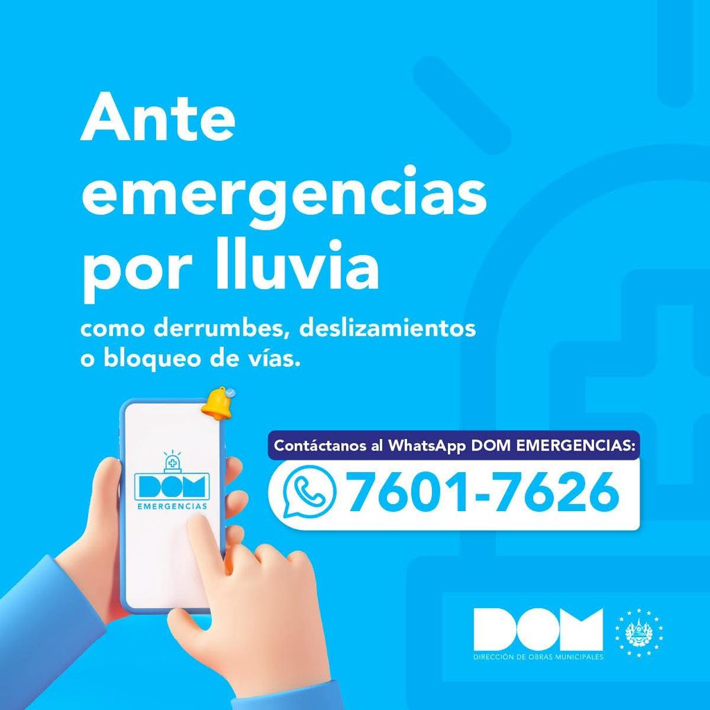 ObraMunicipal's tweet photo. ¿Tú comunidad enfrenta emergencias por la lluvias?⛈️
Cuentas con nosotros 🩵✨
📲 Escribinos al WhatsApp #DOM: 7601-7626
¡Estamos para ayudarte cuando más lo necesitas!👷🏻♂️
#EnLaDirecciónCorrecta #sv #gobsv https://t.co/Dgo1adLL8x