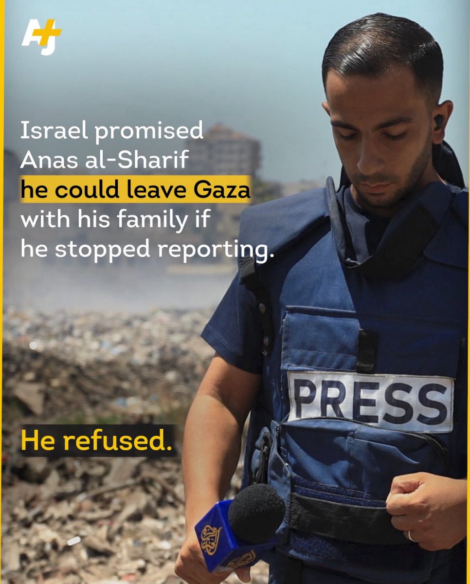 Samira Mohyeddin سمیرا (@smohyeddin) on Twitter photo We now know that Israel offered journalist <a href="/AnasAlSharif0/">أنس الشريف Anas Al-Sharif</a> safe passage with his family out of Gaza, if he would stop reporting. He refused. He was murdered four days later. Israel is a mafia state. We now know that Israel offered journalist <a href="/AnasAlSharif0/">أنس الشريف Anas Al-Sharif</a> safe passage with his family out of Gaza, if he would stop reporting. He refused. He was murdered four days later. Israel is a mafia state.