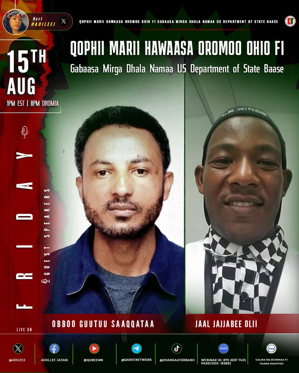 Laga Raammis (@carraa2abc35) on Twitter photo #DhangaaTorbanii
TAP-IN | Friday | August 15th '25.
1PM EST | 8PM OROMIA TIME
π― Pro ABO-WBO/QBO at all times
Webinar link ππΎ
us02web.zoom.us/j/86787671137?β¦
Webinar ID: 867 8767 1137
Passcode: 193892
#highlights #ABO_WBO #Oromia #everyone <a href="/DhangaaTorbanii/">Dhangaa Torbanii</a> #everyone #Oromia #DhangaaTorbanii
TAP-IN | Friday | August 15th '25.
1PM EST | 8PM OROMIA TIME
π― Pro ABO-WBO/QBO at all times
Webinar link ππΎ
us02web.zoom.us/j/86787671137?β¦
Webinar ID: 867 8767 1137
Passcode: 193892
#highlights #ABO_WBO #Oromia #everyone <a href="/DhangaaTorbanii/">Dhangaa Torbanii</a> #everyone #Oromia