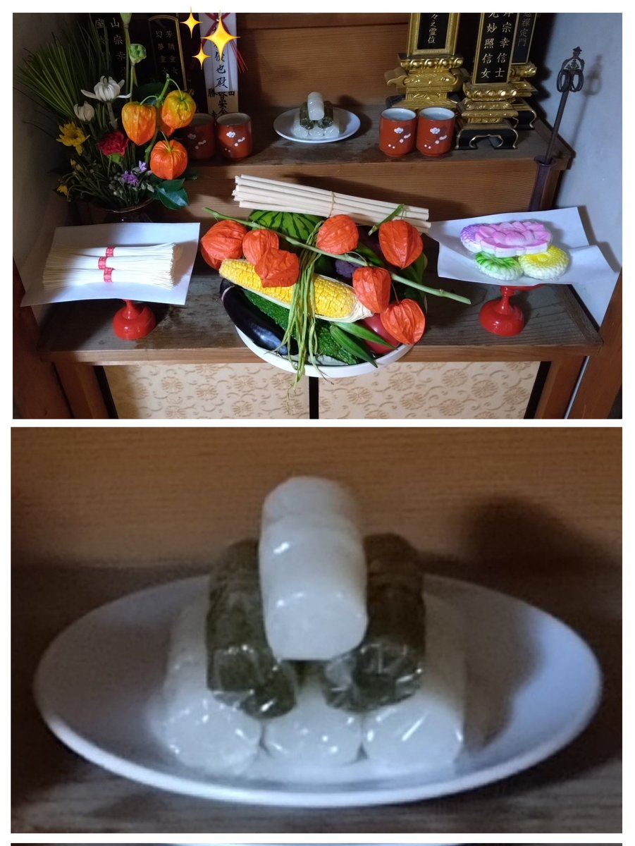 SachiyoSaccho's tweet image. 今日は、朝から田んぼへ。
ジャンボタニシに開けられてた穴を塞ぎ、お水入れ。
お仏壇には、昨日買って来たお志んこを😊
供えた後、すぐに別に買っておいたのを１つ、食べちゃった🤭
この時期しか食べれないし🤗
お昼には、十八ささげを入れて、ご飯を炊きます。

#お盆 #お志んこ #しんこ
#十八ささげ