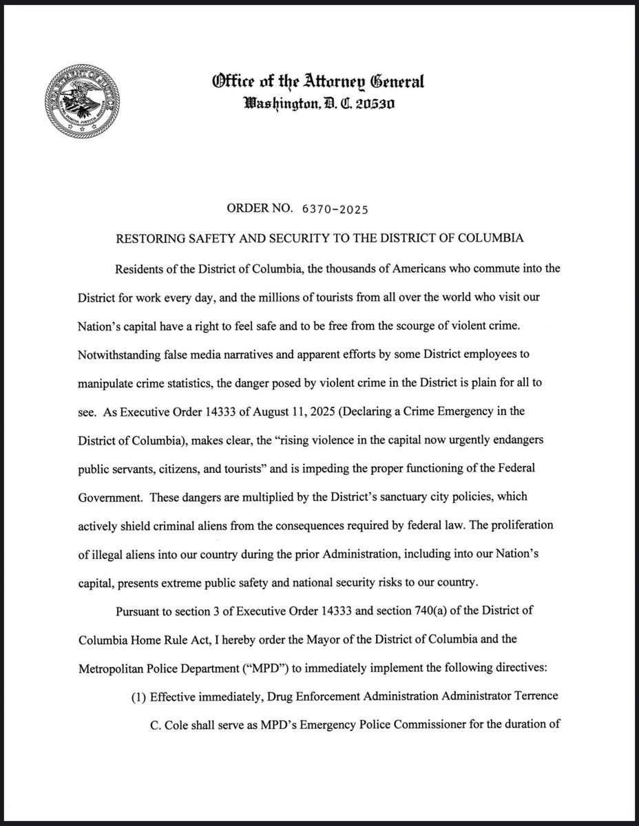 ChadGilmartinCA's tweet image. 🚨 .@AGPamBondi has ordered an END to dangerous sanctuary policies in Washington, DC ⬇️