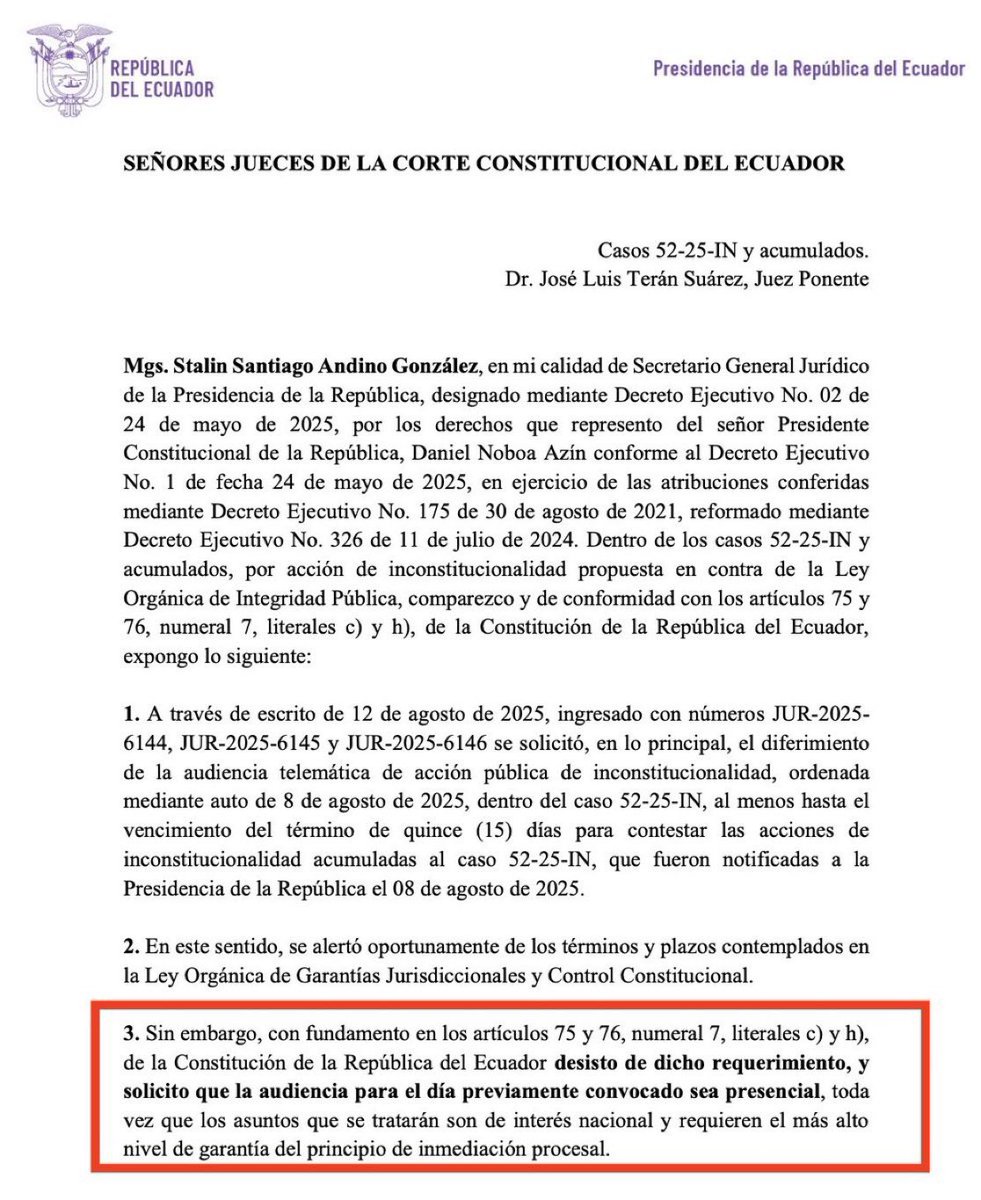#Política | El Gobierno Central desiste de su pedido inicial de diferimiento de la audiencia convocada por la Corte Constitucional para el lunes 18 de agosto.

Solicitan mantener la misma fecha pero que la audiencia sea presencial y no telemática, como había previsto la Corte.