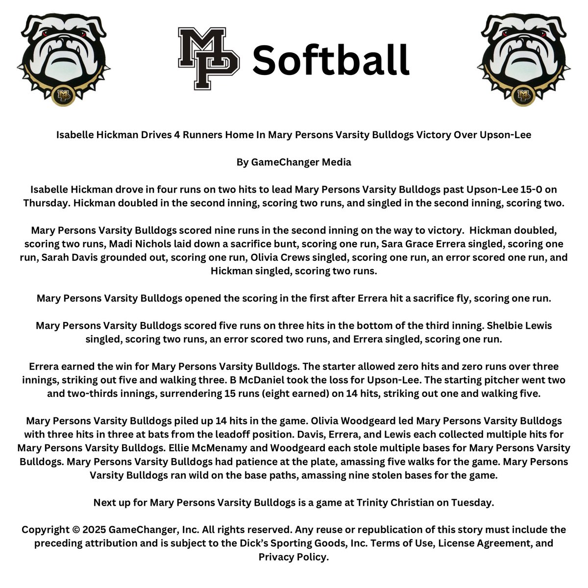 Bulldog Softball (@mpfastpitch) on Twitter photo The Bulldogs win 15-0 over Upson Lee to improve to 3-0 in the Region and 3-3 overall.<a href="/MCREPORTER/">MC Reporter</a> <a href="/IamaCHAMP91/">Mary Persons Athletics</a> <a href="/CentralGaSports/">Central Georgia Sports Report</a> The Bulldogs win 15-0 over Upson Lee to improve to 3-0 in the Region and 3-3 overall.<a href="/MCREPORTER/">MC Reporter</a> <a href="/IamaCHAMP91/">Mary Persons Athletics</a> <a href="/CentralGaSports/">Central Georgia Sports Report</a>