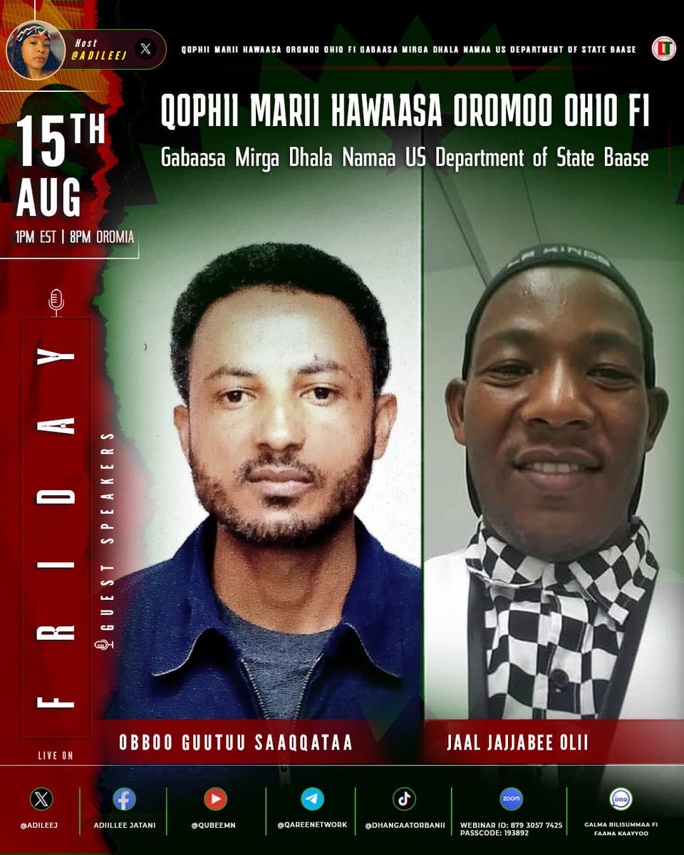 Oromoo Nationalism (@oromovoice65730) on Twitter photo #DhangaaTorbanii
TAP-IN | Friday | August 15th '25.
1PM EST | 8PM OROMIA TIME
π― Pro ABO-WBO/QBO at all times
Webinar link ππΎ
us02web.zoom.us/j/86787671137?β¦
Webinar ID: 867 8767 1137
Passcode: 193892
#highlights #ABO_WBO #Oromia #everyone <a href="/DhangaaTorbanii/">Dhangaa Torbanii</a> #everyone #Oromia #DhangaaTorbanii
TAP-IN | Friday | August 15th '25.
1PM EST | 8PM OROMIA TIME
π― Pro ABO-WBO/QBO at all times
Webinar link ππΎ
us02web.zoom.us/j/86787671137?β¦
Webinar ID: 867 8767 1137
Passcode: 193892
#highlights #ABO_WBO #Oromia #everyone <a href="/DhangaaTorbanii/">Dhangaa Torbanii</a> #everyone #Oromia