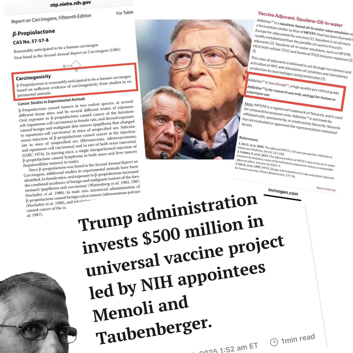 通用疫苗謊言

甘迺迪宣告他要重溫福奇的春夢，其中包含七個明顯的謊言，證明他是這場大規模種族滅絕的一部分：

1. 「NIH 正在開發一種通用疫苗。通用產品是不存在的

2.“整個病毒門”
與疾病相關的單一病毒從未被分離出完整且純淨的形式，因此無法獲得完整的概要