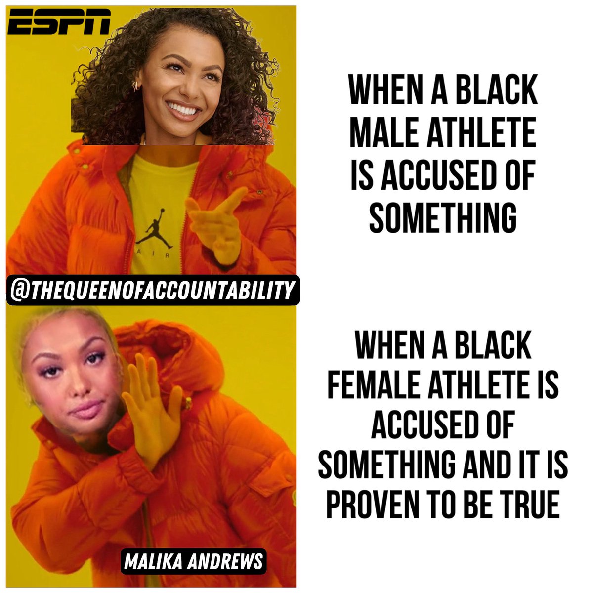 ESPN is quiet when men are abused. Let a male athlete be accused of sneezing at a woman, and it’s on every segment. Malika is a fraud and never speaks out when women abuse men. She can’t wait for the story to be about a Black man. A lot of people aren’t loud enough about