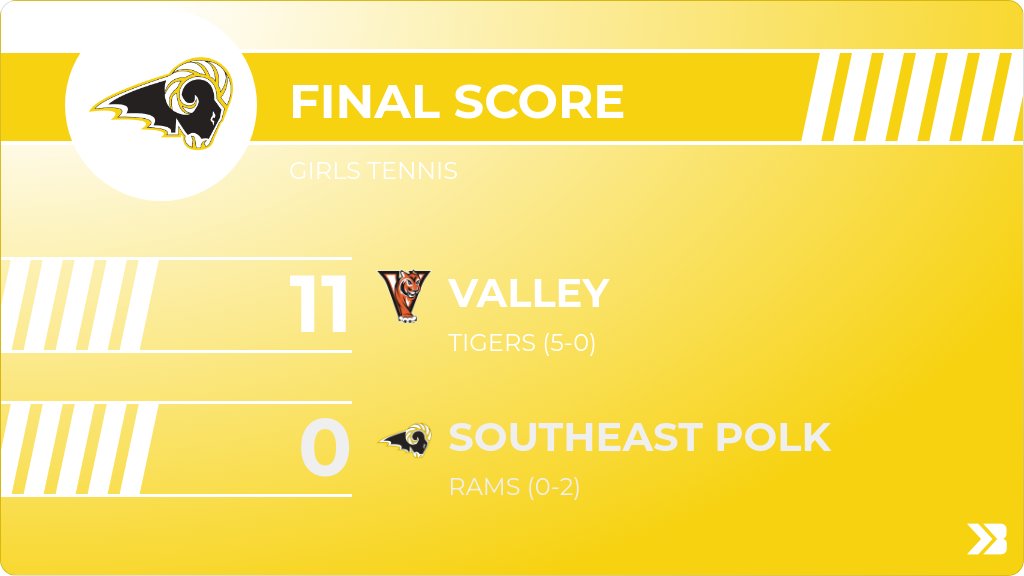 Girls Tennis (Varsity) Score Posted - Southeast Polk Rams lose to Valley Tigers 11-0. https://www.gobound.com/ia/ighsau/girlstennis/2025-26/comps/h202502240836098842185283ea7da40 