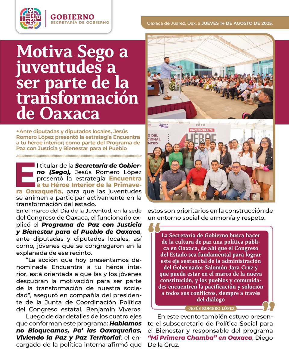 Motiva Sego a juventudes a ser parte de la transformación de Oaxaca.

Comunicado completo en: goo.su/LC5rQ