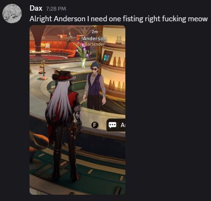 Ight imma get my shit together. I’m gonna start streaming again. Gonna make an actual post about it in the near future, for now here’s me as Boothill bothering a bartender.