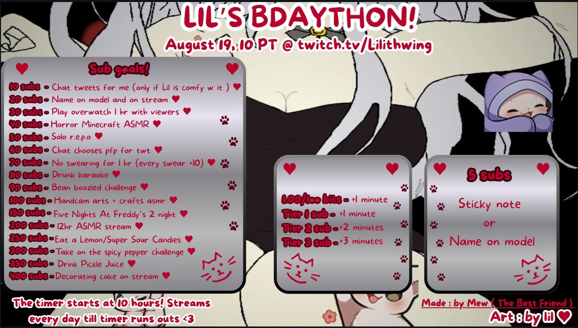ITS HAPPENING YALL!! My birthday is September 5th by the way. We are doing a 2 week subathon and we will end on September 6th, goals achieved or not, I just want to chill and hangout! 

we will start August 19th at midnight PST 

🖌️ - me 
Template - <a href="/mewreci/">mew 🐾</a> 💜