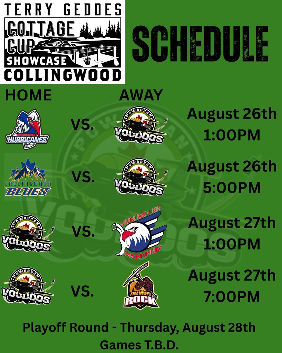 Follow along your Powassan Voodoos August 26-28th as they head down to Collingwood, ON to compete in the Terry Geddes Cottage Cup Showcase. 

All the action takes place at the Eddie Bush Memorial Arena in Collingwood. 

#TakeFlight