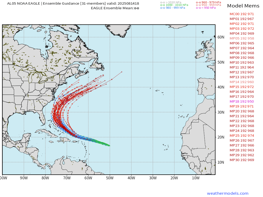 NOAA Project EAGLE ensembles (18z) also has some westward members prior to curving out to sea -- but no landfalls out of the 31 A.I. inferred members.