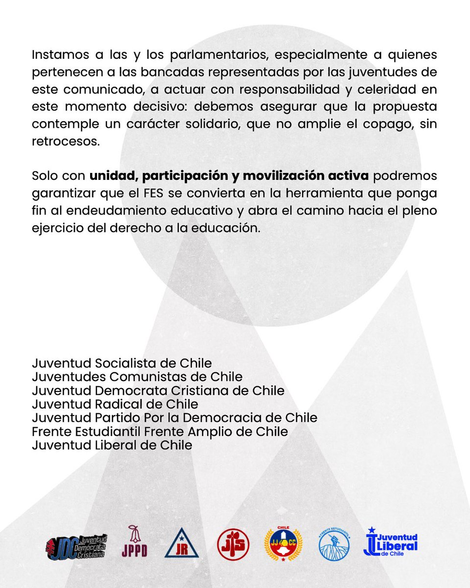 🗣️Las juventudes progresistas nos unimos en respaldo al FES, que viene a dar solución a las falencias y contradicciones del actual CAE. 

¡El FES será el goce de más dignidad en el financiamiento de nuestra educación!

#ElCAEseCae