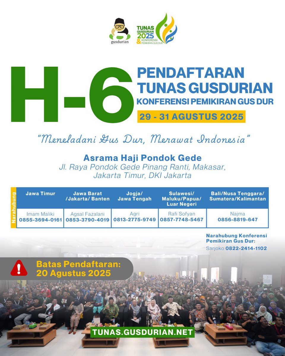 Barang siapa yang belum daftar, maka segeralah daftar. Karena waktunya tinggal H min enam Sila kontak CP di nomor tersebut. Pilih yang kamu mau, eh maksudnya, pilih yang terdekat dengan daerahmu. #tunasgusdurian2025 #tunasgusdurian #tunas2025