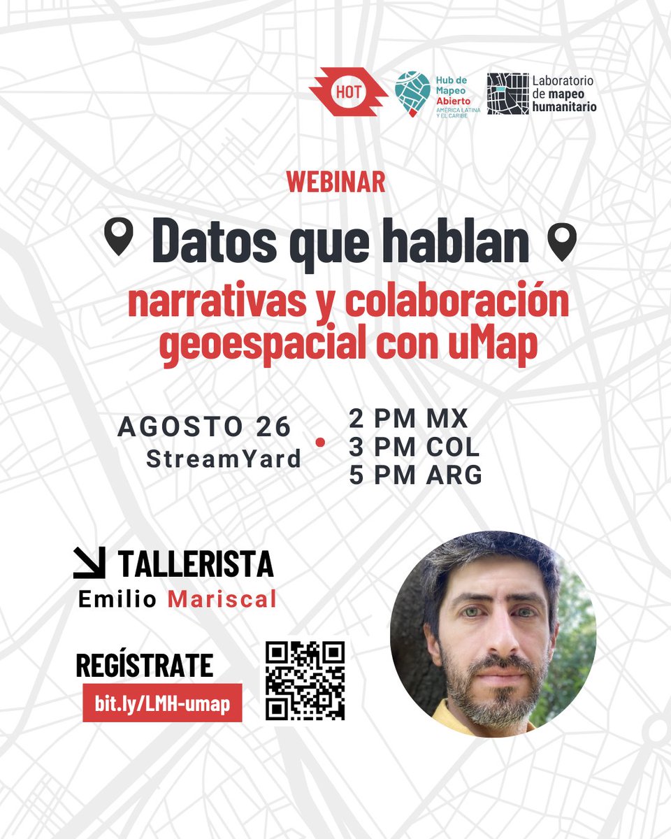MapHubLAC's tweet image. 📍 ¡Potencia tus datos de #OpenStreetMap! A través del Laboratorio de Mapeo Humanitario aprenderás a usar #uMap para crear mapas interactivos, narrar historias y colaborar en cartografía abierta.

📅 Mar 26 | 2 PM 🇲🇽 / 3 PM 🇨🇴 / 5 PM 🇦🇷
🔗 bit.ly/LMH-umap
