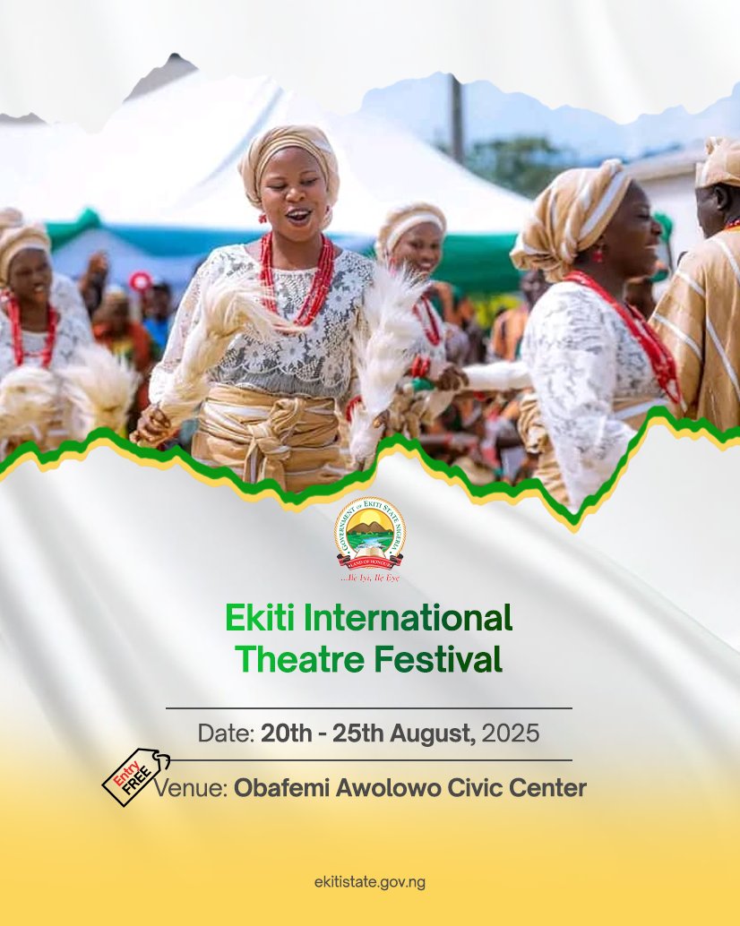The stage is set, the drums are ready and the spirit of Ekiti is alive. 
 Join us for the Ekiti International Theatre Festival from 20 to 25 August at the Obafemi Awolowo Civic Center. 
 Experience captivating performances, rich cultural displays and the vibrant artistry that