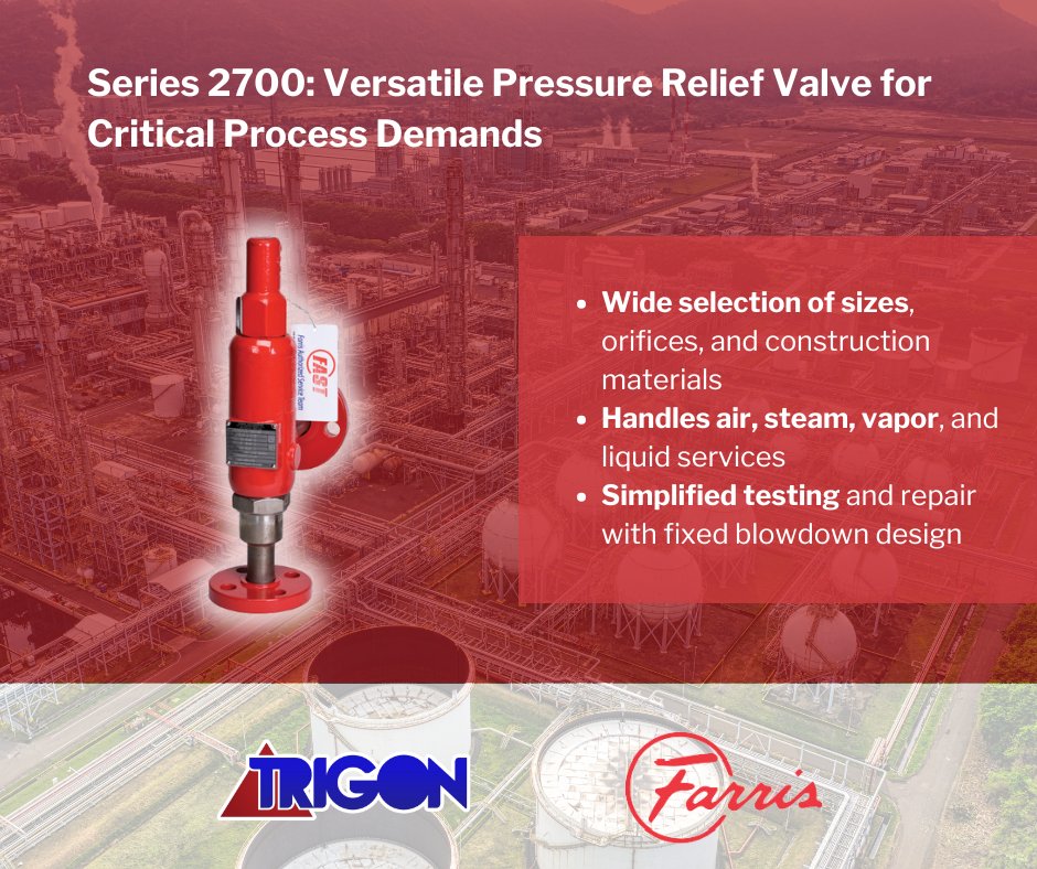 TMIC1983's tweet image. Ensure process safety with Farris Series 2700 Pressure Relief Valve. Versatile design, easy maintenance, and wide applicability make it ideal for critical industries. 

Learn more here:
tinyurl.com/ateunje5

#ProcessSafety #ValveTechnology #Farris2700