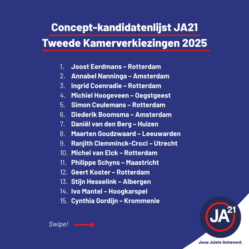 JuisteAntwoord's tweet photo. Wij zijn trots op dit ijzersterke team vol kennis en expertise! 
Dit is de kandidatenlijst die het #JA21-bestuur op zaterdag 6 september aan onze ALV zal voorleggen 👇