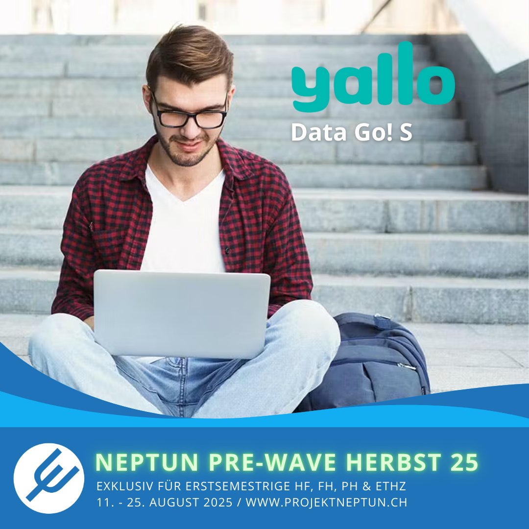 Immer online – mit dem Datenabo Go! S von yallo.

✅ 20 GB Highspeed-Internet in der Schweiz
✅ Keine Mindestvertragslaufzeit
✅ Benutze die SIM-Karte für alle Geräte

📡 Erhältlich bis zum Ende der Neptun Wave Herbst 25!
👉 bit.ly/P25Nep-x-yallo1