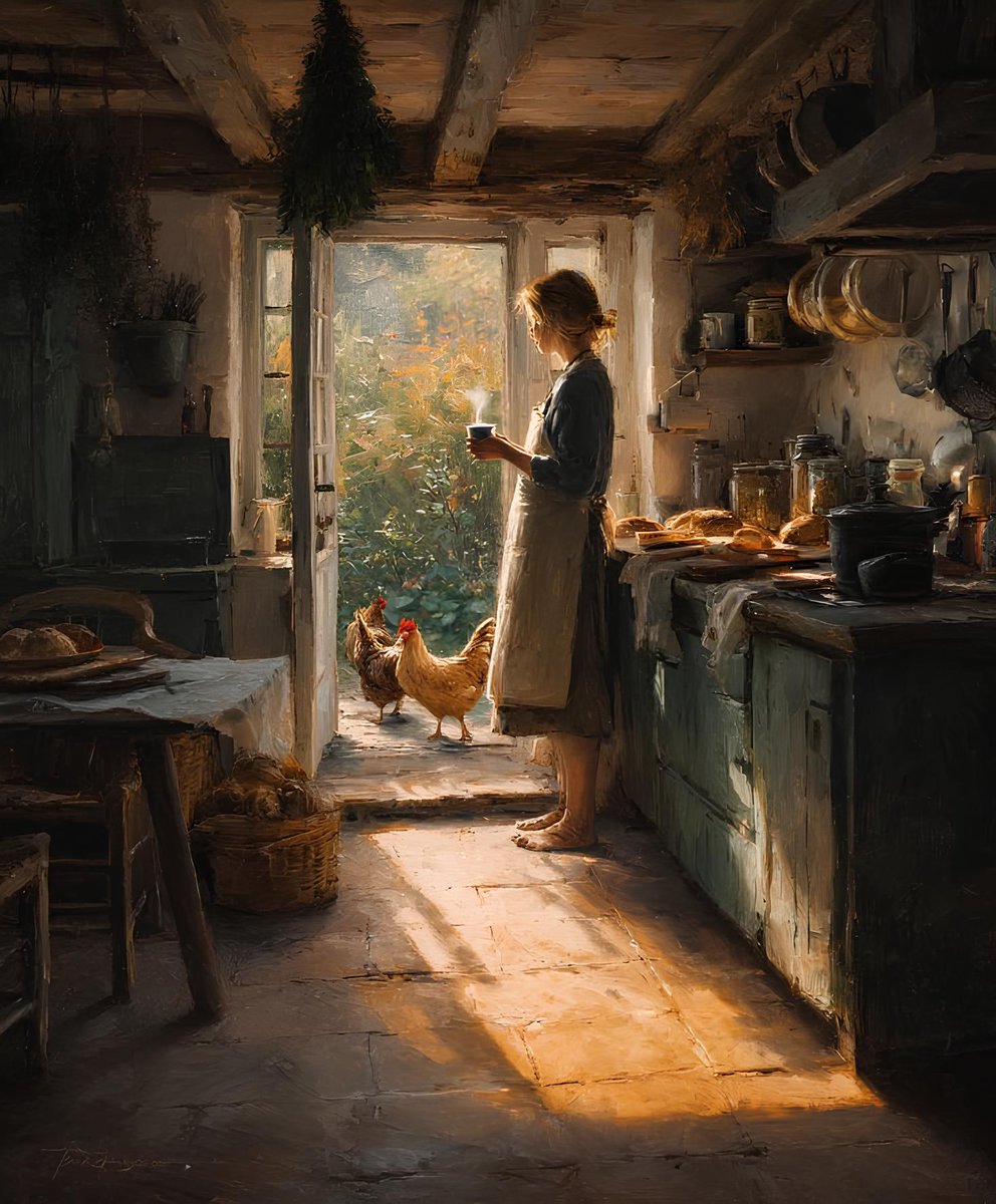 CaporalLusignan's tweet photo. Pieds nus dans sa cuisine #rustique, elle sourit au soleil qui entre par la porte ouverte 🌞

Ici, le #bonheur se cache dans les petites choses simples que le monde a oubliées 🐓☕🌱🌼

#ViveLaFrance #FranceÉternelle #CampagneFrançaise 💙🤍❤️ https://t.co/G2yp6TmZGQ