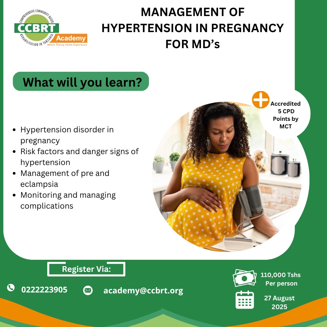 CCBRT (@ccbrttanzania) on Twitter photo π Calling all MDs!
Master the art of managing hypertension in pregnancy with CCBRT Academyβs accredited course.
π
Date: 27 August 2025
π Dar es Salaam | π° 110,000 TZS | π
5 CPD Points
π Register: 0222223905 | π§ academy@ccbrt.org
Empower your practice. Save lives. π Calling all MDs!
Master the art of managing hypertension in pregnancy with CCBRT Academyβs accredited course.
π
Date: 27 August 2025
π Dar es Salaam | π° 110,000 TZS | π
5 CPD Points
π Register: 0222223905 | π§ academy@ccbrt.org
Empower your practice. Save lives.