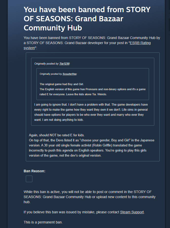 ScouterVee (@scoutervee) on Twitter photo I got perma banned from the <a href="/storyofseasons/">Story of Seasons</a> Steam community page for calling out the "localizer' Robin Griffin <a href="/rabalogy/">Robin Griffin</a> for translating "性別 sex/gender" into "pronouns" and they deleted my entire thread. I'll take it as a badge of honor... leave the kids alone Robin. I got perma banned from the <a href="/storyofseasons/">Story of Seasons</a> Steam community page for calling out the "localizer' Robin Griffin <a href="/rabalogy/">Robin Griffin</a> for translating "性別 sex/gender" into "pronouns" and they deleted my entire thread. I'll take it as a badge of honor... leave the kids alone Robin.