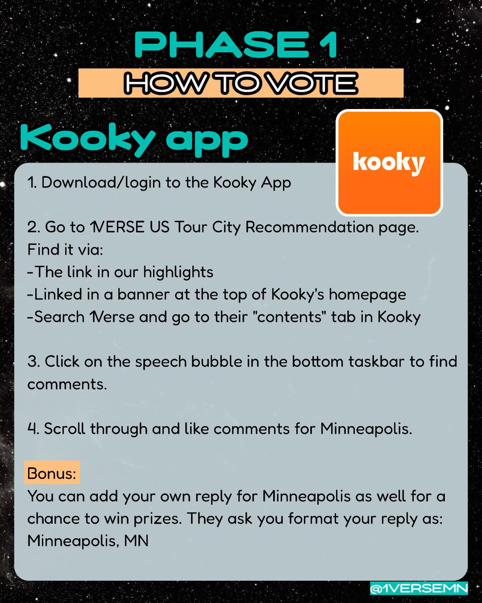 shopintiny's tweet photo. Let’s bring 1VERSE to Minnesota! Read graphics and use the links to vote for Minneapolis to get to the next round!

Kooky tweet: https://t.co/Iv1o3SJAv4

All Minneapolis replies to be liked: https://t.co/cNoo0I6wgy

Kooky app: https://t.co/mxGGs724Xb https://t.co/EPOvQhEIsd