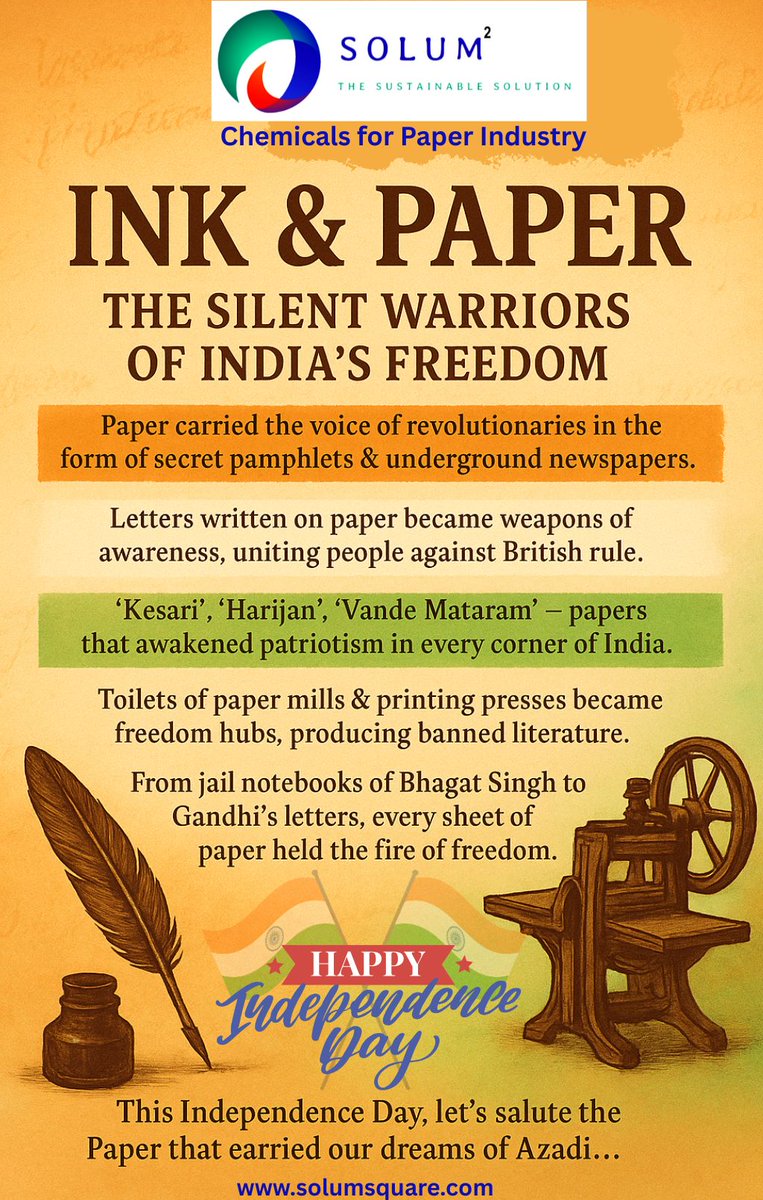 solumsquar's tweet photo. 🖋️ Ink &amp; Paper — The Silent Warriors of India’s Freedom 🇮🇳
From Tilak’s Kesari to Gandhi’s Harijan, from hidden printing presses to Bhagat Singh’s jail notebook — every page carried the fire of revolution.
📜 This Independence Day, let’s salute the paper that carried our dreams https://t.co/qmZytpkm4r