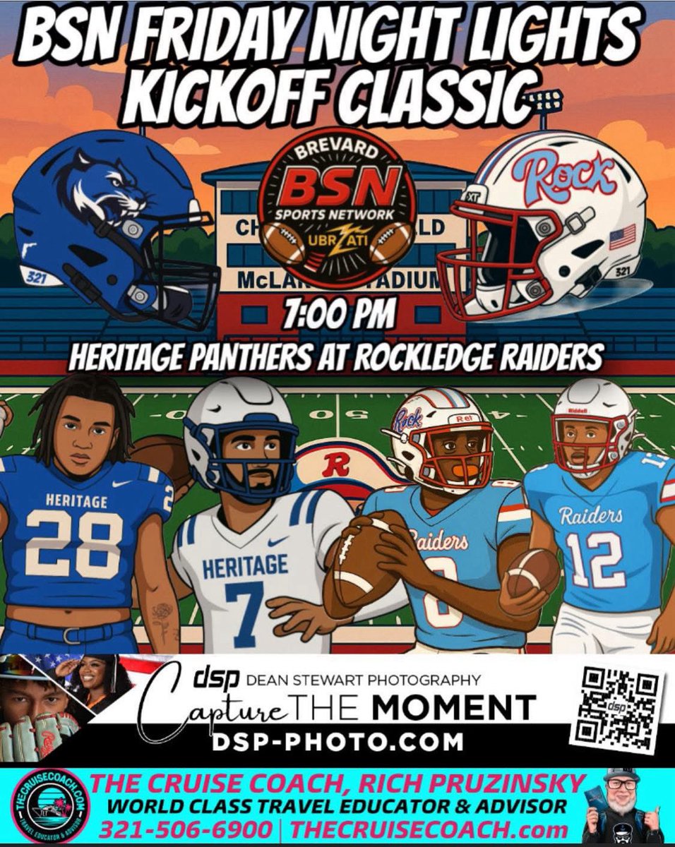 BrevardSportsNetwork (@sportsbrevard) on Twitter photo BSN FRIDAY NIGHT LIGHTS KICKOFF CLASSIC 🏈
📍 Chuck Wood Field at McLarty Stadium – Rockledge
🗓 Friday | ⏰ 7:00
📺 BSN YOUTUBE
<a href="/swarmgangg/">Heritage Panther Football</a> vs. <a href="/RockFootball1/">Rockledge Football</a>
Read the preview: facebook.com/share/p/1BDxAp…
#FridayNightLights #HeritagePanthers #RockledgeRaiders #KickoffClassic BSN FRIDAY NIGHT LIGHTS KICKOFF CLASSIC 🏈
📍 Chuck Wood Field at McLarty Stadium – Rockledge
🗓 Friday | ⏰ 7:00
📺 BSN YOUTUBE
<a href="/swarmgangg/">Heritage Panther Football</a> vs. <a href="/RockFootball1/">Rockledge Football</a>
Read the preview: facebook.com/share/p/1BDxAp…
#FridayNightLights #HeritagePanthers #RockledgeRaiders #KickoffClassic